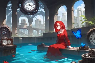 1girl, niji, blush, blue butterfly, masjid, clock,  day, gears, head tilt, indoors, long sleeves, partially submerged, red ribbon, big red skirt, ruins, sitting, skirt, 
depth of field, masterpiece, best quality, amazing quality, very aesthetic, absurdres, 
score_9, score_8_up, 