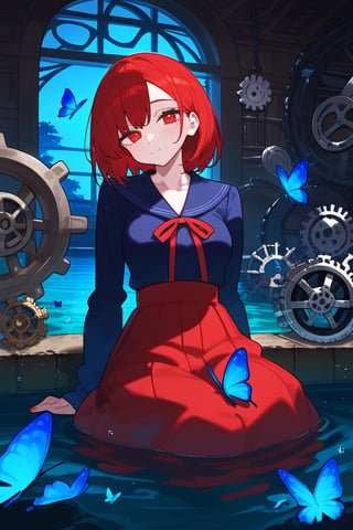 1girl, niji, blush, blue butterfly, masjid,  mon night   , gears, head tilt, indoors, long sleeves, partially submerged, red ribbon, big red skirt, , sitting,  
