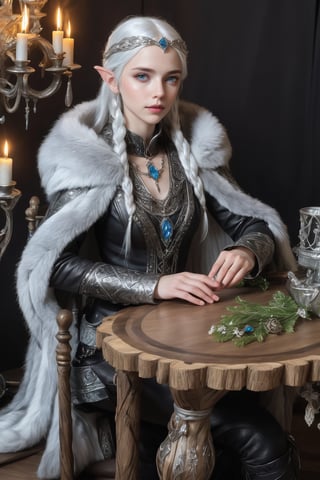Extreme detailed,ultra Realistic,
beautiful young ELF lady,platinum silver shining hair, long elvish braid, side braid,Beautiful crystal blue eyes,
Wearing leather tunic, hooded cloak, animal fur hood, intricate clothing, animal fur clothing,  fantasy-themed banquet set atop a table of rich ebony wood, adorned with exquisite and opulent tableware. The table gleams with polished silver and gilded accents, while delicate crystal glasses catch the soft candlelight, casting a warm glow over the scene. ,w1nter res0rt