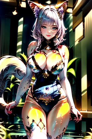 Masterpiece in maximum 16K resolution, anime style with erotic and tribal elements. | A beautiful maiden with long loose shining pink hair with a fluffy soft fox tail and ears wearing her soft white blue dress,  white fur boa,  fur trim collar, fur trimmed fluffy cuffs. Her body is drenched in sweat, highlighting her sensual curves and muscles toned. She has several tribal tattoos on her body, adding an exotic and mysterious touch to her appearance, adding a feminine and seductive touch to her image. Her azure eyes are looking at the viewer with a seductive gaze, conveying a sense of desire and passion. |  Balanced composition with a medium angle, emphasizing the beauty and sensuality of the woman and the exotic and mystical scenery around her. | With soft, warm lighting, creating a soft contrast between light and dark areas, highlighting the details of the coat and tattoos. Reflection effects on leaves and damp surfaces, enhancing the beauty and shine of details. | The camera is positioned very close to her, revealing her entire body as she assumes an erotic pose, interacting with and leaning against a structure in the scene in an exciting way | ((She takes an erotic pose as she interacts, boldly leaning on a structure, leaning back in an exciting way)), ((((full-body_image)))), ((perfect pose, perfect anatomy, perfect body, two legs, two hands)), ((better hands, perfect fingers, perfect legs, perfect hands)), ((average_breasts)), ((perfect composition, perfect design, perfect layout, correct imperfections) ), Add more detail, More Detail, Enhance, Masterpiece,nyantcha style,(masterpiece, best quality:1.5), ,score_9,
