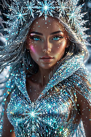 Futurististic Ice Goddess, Radiant and luminous Eyes Realistic Face, Blowing Messy Hair Iridescent Snowflakes Crystal Beads Curtain creating a mesmerizing visual spectacle ((The winter landscape is bathed)) Her animated 3D form is adorned with intricate metallic details and glowing LED lights detailed gorgeous face, extremely detailed eyes, dreamy, glowing, backlit, glamour, glimmer, shadows, Ultra Hyper Deatiled, Hyper realistic, cinematic environment, photorealistic, minimal wear, photorealistic, Hyper Realistic, extremely detailed, Hyper Realistic, Multicolor Intense Vivid Color Pallete, Elegant, Fascinated, Symmetrical, evocative pose, 8K, art inspaired by Cris Ortega, Omar OrtizCinematic pose, Dynamic movements, fashion shoot, cinematic pose, Niji expressive style, ,aw0k euphoric style