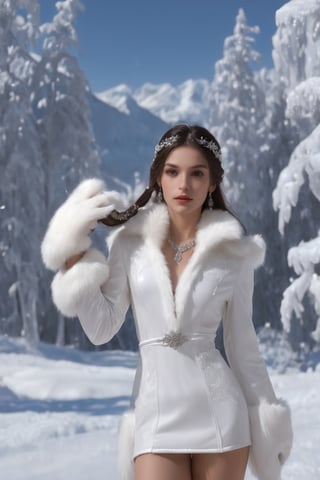 ((top-quality, 8K, masterpiece:1.3)),, Beautiful crystal blue eyes, white silver shining hair, long elvish braid,  Elf Maiden, winter night image, snowflakes, Mature, huge stunning goddess shot, the extremely hot and sexy, powerful and huge, jaw dropping beauty, goddess of Japan, very Bigger breasts, Big ass, (thigh visible), in the snow, Beautiful woman with perfect body shape:1.4, Slender Abs:1.1, Highly detailed facial and skin texture, A detailed eye, (looking at from the front), Look at the camera, ((1girl in, perfectly proportions, Beautiful body, Detailed skin, Detailed eyes:1.5)), ((perfectly proportions, Beautiful body, showing your whole body:1.5)), ((wearing a white leather tunic fur trim, intricate clothing, waistband, fur collar, animal fur clothing, fur trim gloves:1.5)), ((beautiful young Elf lady:1.5)), ((Everything is sparkling, reflecting light:1.2)), blue sky, valley, mountains, trees (Best Ratio: 4 fingers, 1 thumb), Snowing, (From knee to chest:1.5),  (portrait),midjourney,oda non

,xxmix_girl