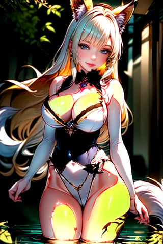 Masterpiece in maximum 16K resolution, anime style with erotic and tribal elements. | A beautiful maiden with long loose shining pink hair with a fluffy soft fox tail and ears wearing her soft white blue dress,  white fur boa,  fur trim collar, fur trimmed fluffy cuffs. Her body is drenched in sweat, highlighting her sensual curves and muscles toned. She has several tribal tattoos on her body, adding an exotic and mysterious touch to her appearance, adding a feminine and seductive touch to her image. Her azure eyes are looking at the viewer with a seductive gaze, conveying a sense of desire and passion. |  Balanced composition with a medium angle, emphasizing the beauty and sensuality of the woman and the exotic and mystical scenery around her. | With soft, warm lighting, creating a soft contrast between light and dark areas, highlighting the details of the coat and tattoos. Reflection effects on leaves and damp surfaces, enhancing the beauty and shine of details. | The camera is positioned very close to her, revealing her entire body as she assumes an erotic pose, interacting with and leaning against a structure in the scene in an exciting way | ((She takes an erotic pose as she interacts, boldly leaning on a structure, leaning back in an exciting way)), ((((full-body_image)))), ((perfect pose, perfect anatomy, perfect body, two legs, two hands)), ((better hands, perfect fingers, perfect legs, perfect hands)), ((average_breasts)), ((perfect composition, perfect design, perfect layout, correct imperfections) ), Add more detail, More Detail, Enhance, Masterpiece,nyantcha style,(masterpiece, best quality:1.5), ,score_9,