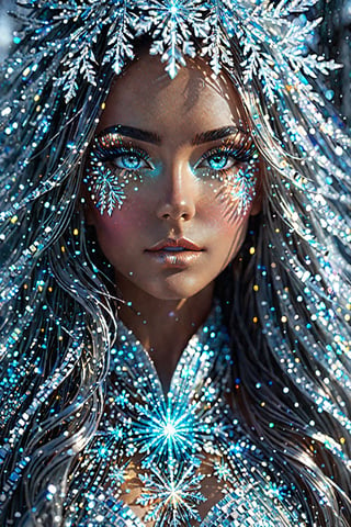 Futurististic Ice Goddess, Radiant and luminous Eyes Realistic Face, Blowing Messy Hair Iridescent Snowflakes Crystal Beads Curtain creating a mesmerizing visual spectacle ((The winter landscape is bathed)) Her animated 3D form is adorned with intricate metallic details and glowing LED lights detailed gorgeous face, extremely detailed eyes, dreamy, glowing, backlit, glamour, glimmer, shadows, Ultra Hyper Deatiled, Hyper realistic, cinematic environment, photorealistic, minimal wear, photorealistic, Hyper Realistic, extremely detailed, Hyper Realistic, Multicolor Intense Vivid Color Pallete, Elegant, Fascinated, Symmetrical, evocative pose, 8K, art inspaired by Cris Ortega, Omar OrtizCinematic pose, Dynamic movements, fashion shoot, cinematic pose, Niji expressive style, ,aw0k euphoric style