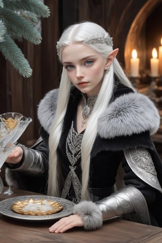 Extreme detailed,ultra Realistic,
beautiful young ELF lady,platinum silver shining hair, long elvish braid, side braid,Beautiful crystal blue eyes,
Wearing leather tunic, hooded cloak, animal fur hood, intricate clothing, animal fur clothing,  fantasy-themed banquet set atop a table of rich ebony wood, adorned with exquisite and opulent tableware. The table gleams with polished silver and gilded accents, while delicate crystal glasses catch the soft candlelight, casting a warm glow over the scene. ,w1nter res0rt