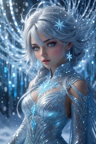 Futurististic Ice Goddess, Radiant and luminous Eyes Realistic Face, Blowing Messy Hair Iridescent Snowflakes Crystal Beads Curtain creating a mesmerizing visual spectacle ((The winter landscape is bathed)) Her animated 3D form is adorned with intricate metallic details and glowing LED lights detailed gorgeous face, extremely detailed eyes, dreamy, glowing, backlit, glamour, glimmer, shadows, Ultra Hyper Deatiled, Hyper realistic, cinematic environment, photorealistic, minimal wear, photorealistic, Hyper Realistic, extremely detailed, Hyper Realistic, Multicolor Intense Vivid Color Pallete, Elegant, Fascinated, Symmetrical, evocative pose, 8K, art inspaired by Cris Ortega, Omar OrtizCinematic pose, Dynamic movements, fashion shoot, cinematic pose, Niji expressive style, 