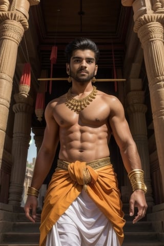 "Generate an avatar with a traditional outfit, Indian Ram Mandir background, and ensure that the attire covers the entire body, avoiding any explicit or intimate details. The avatar should look normal and culturally appropriate, maintaining the respectful and cultural ambiance specified earlier.