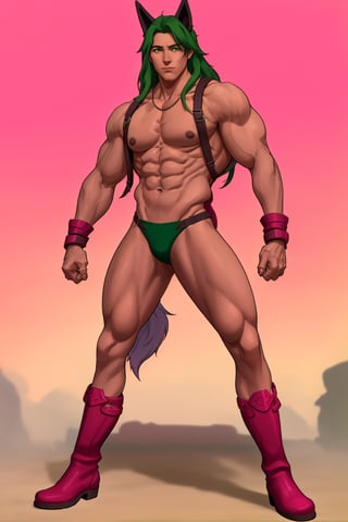 Sexy male fox, long_green_hair, green-eyes, pink_chest_harness, pink_jock_strap, Pink_go_go_boots, Six_pack_abs, Defined chest,Sett,Vline