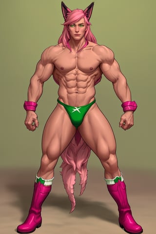 Sexy male fox, long_green_hair, green-eyes, pink_chest_harness, pink_jock_strap, Pink_go_go_boots, slim_athletic_body Six_pack_abs, Defined chest,Sett,Vline