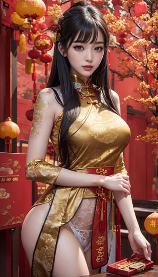 (masterpiece, top quality, best quality, official art, beautiful and aesthetic:1.2), hdr, high contrast, wideshot, 1girl, long straight black hair with blunt bangs, looking at viewer, light smile, clearly brown eyes, longfade eyebrow, soft make up, ombre lips, hourglass body, large breast, (chinese new year theme:1.5), finger detailed, subsurface dragon, background detailed, ambient lighting, extreme detailed, cinematic shot, realistic ilustration, (soothing tones:1.3), (hyperdetailed:1.2), subsurface golden dragon