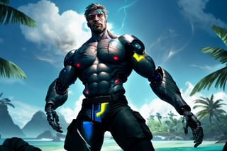 cyborg, handsome, cybernetic implants, detailed glowing eyes, muscles, scars on the body from assimilation by machines, nanotubes transmitting assimilation nanites inserted into their necks by a drone, heavily damaged tight tactical pants with tactical belt, topless, short beard, hairy, cybernetic arm, venis, light smoke, ((tropical island)), day, post-apocalyptic beach background, ((detailed face)), HDR, 8k, horror, photy by greg rutkowski,hairyalpha