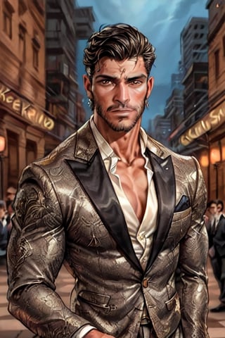 Latino male, king of skarland, contemporary, ((detalied face)), ((detalied eyes)), painting, Intricate, Sharp focus, dramatic, portrait, elegant suite pants, elegant suite jacket, muscular, short beard, city street background, professional,1boy,handsome male,Miguel