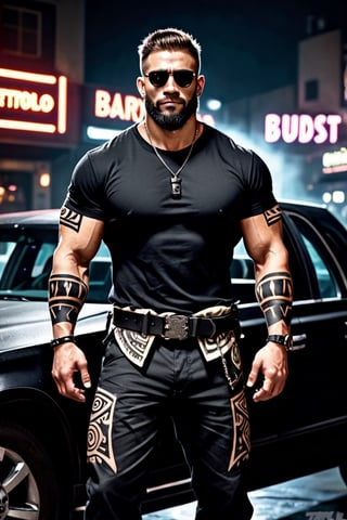 (masterpiece), handsome, arogant, smirk, young, bodyguard, bara, muscular, massive pecs, massive arms, long beard, ((full body black tribal tattoo)), short hair, black cargo pants with black belt, ((black slim bodyguard t-shirt)), sunglass,, ((detalied face)), ((detailed eyes)), night, black suv car in the background, night club entrance background, looking at viewer, Cinematic Lighting,Movie Still,colorful