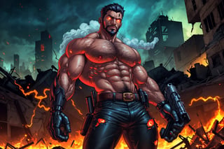max payne as a cyborg, cybernetic implants, muscular, massive pecs hair, massive pecs, massive arms, ((detailed glowing eyes)), destroyed tactical pants with black leather tactical belt, destroyed shirtless, short beard, destroyed city, night, smoke, flames, valencia post-apocalyptic background, detalied face, horror, looks at the viewer
