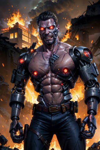 ((young Max Payne transformed by a machine into a cyborg)), muscular, massive pecs, massive arms, shirtless, worn out tactical pants with belt and gun, going on the street, ((grimace of pain)), ((massive body hair)), ((long beard)), ((short hair)), tropical island, destroyed city, big smoke, big flames, post-apocalypse, ((face details, eye details)), ((glowing eyes)), horror, looks at the viewer,(1man)