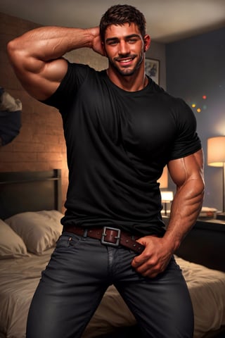 photo of muscular chris redfield in a worn ((soft black t-shirt, massive hairy pecs)), big pecs, big arms, large bulge, ((light bokeh)), intricate, (steel metal [rust]), elegant, erotic, exuding sexual energy, homoerotic, sharp focus, photo by greg rutkowski, soft lighting, vibrant colors, (masterpiece), ((modern bedroom)), (detailed face), looking at viewer, (handsome face: 1.5), brushed up hairs, light smile, wide open eyes, beard, jeans pants with leather belt,black-color