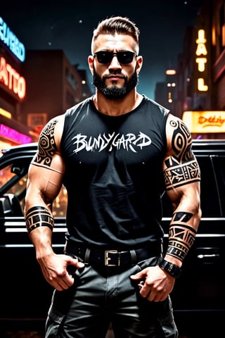 (masterpiece), handsome, arogant, smirk, young, bodyguard, bara, muscular, massive pecs, massive arms, long beard, ((full body black tribal tattoo)), short hair, black cargo pants with black belt, ((black slim bodyguard t-shirt)), sunglass,, ((detalied face)), ((detailed eyes)), night, black suv car in the background, night club entrance background, looking at viewer, Cinematic Lighting,Movie Still,colorful