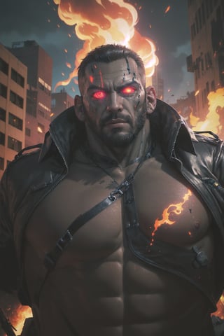 max payne as a cyborg, cybernetic implants, muscular, massive pecs hair, massive pecs, massive arms, ((detailed glowing eyes)), destroyed tactical pants with black leather tactical belt, destroyed torso, shirtless, short beard, destroyed city, night, smoke, flames, valencia post-apocalyptic background, detalied face, horror, looks at the viewer