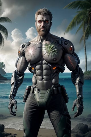 cyborg, handsome, cybernetic implants, detailed glowing eyes, muscles, scars on the body from assimilation by machines, nanotubes transmitting assimilation nanites inserted into their necks by a drone, heavily damaged tight tactical pants with tactical belt, topless, short beard, hairy, cybernetic arm, venis, light smoke, ((tropical island)), day, post-apocalyptic beach background, ((detailed face)), HDR, 8k, horror, photy by greg rutkowski,hairyalpha