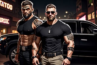 (masterpiece), handsome, arogant, smirk, young, bodyguard, bara, muscular, massive pecs, massive arms, long beard, ((full body black tribal tattoo)), short hair, black cargo pants with black belt, ((black slim bodyguard t-shirt)), sunglass,, ((detalied face)), ((detailed eyes)), night, black suv car in the background, night club entrance background, looking at viewer, Cinematic Lighting,Movie Still,colorful