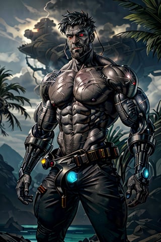 cyborg, handsome, cybernetic implants, detailed glowing eyes, muscles, scars on the body from assimilation by machines, nanotubes transmitting assimilation nanites inserted into their necks by a drone, heavily damaged tight tactical pants with tactical belt, topless, short beard, hairy, cybernetic arm, venis, light smoke, ((tropical island)), day, post-apocalyptic beach background, ((detailed face)), HDR, 8k, horror, photy by greg rutkowski, the best quality