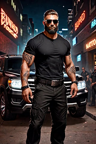 (masterpiece), handsome, arogant, smirk, young, bodyguard, bara, muscular, massive pecs, massive arms, long beard, ((full body black tribal tattoo)), short hair, black cargo pants with black belt, ((black slim bodyguard shirt)), sunglass,, ((detalied face)), ((detailed eyes)), night, black suv car in the background, night club entrance background, looking at viewer, Cinematic Lighting,Movie Still,colorful