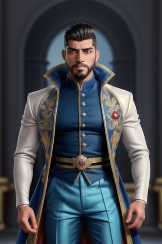 handsome Latino male, emperor of skarland, ((detalied face)), ((detalied eyes)), painting, Intricate, Sharp focus, dramatic, portrait, elegant suite pants, elegant jacket, muscular, short beard, elegant pose, royal palace hall background, professional,1boy