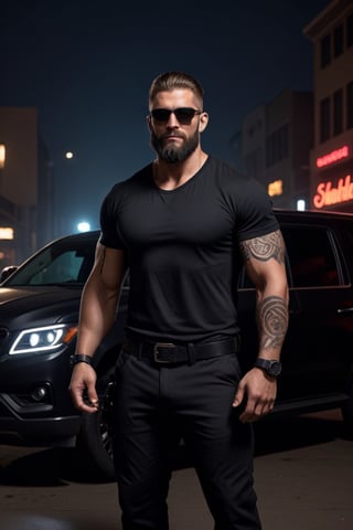 (masterpiece), handsome, arogant, smirk, young, bodyguard, bara, muscular, massive pecs, massive arms, long beard, ((full body black tribal tattoo)), short hair, black cargo pants with black belt, ((black slim bodyguard shirt)), sunglass,, ((detalied face)), ((detailed eyes)), night, black suv car in the background, night club entrance background, looking at viewer, Cinematic Lighting,Movie Still,colorful,<lora:659095807385103906:1.0>