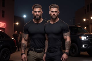 (masterpiece), handsome, arogant, smirk, young, bodyguard, bara, muscular, massive pecs, massive arms, long beard, ((full body black tribal tattoo)), short hair, black cargo pants with black belt, ((black slim bodyguard casual shirt)), ((detalied face)), ((detailed eyes)), night, black suv car in the background, night club entrance background, looking at viewer, Cinematic Lighting,Movie Still,colorful,<lora:659095807385103906:1.0>