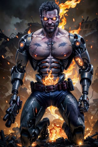 ((young Max Payne transformed by a machine into a cyborg)), muscular, massive pecs, massive arms, shirtless, worn out tactical pants with belt and gun, kneeling on the street, ((grimace of pain)), ((massive body hair)), ((long beard)), ((short hair)), tropical island, destroyed city, big smoke, big flames, post-apocalypse, ((face details, eye details)), ((glowing eyes)), horror, looks at the viewer,(1man)