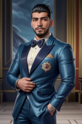 handsome Latino male, emperor of skarland, ((detalied face)), ((detalied eyes)), painting, Intricate, Sharp focus, dramatic, portrait, elegant suite pants, elegant jacket, muscular, short beard, elegant pose, royal palace hall background, professional,1boy