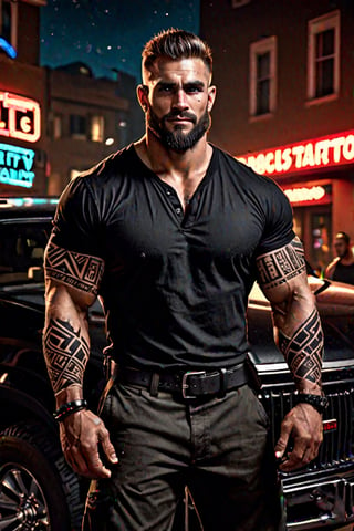 (masterpiece), handsome, arogant, smirk, young, bodyguard, bara, muscular, massive pecs, massive arms, long beard, ((full body black tribal tattoo)), short hair, black cargo pants with black belt, ((black slim bodyguard casual shirt)), ((detalied face)), ((detailed eyes)), night, black suv car in the background, night club entrance background, looking at viewer, Cinematic Lighting,Movie Still,colorful