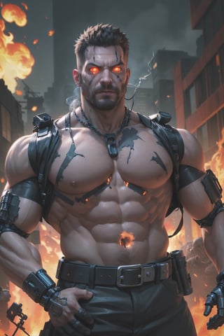 max payne as a cyborg, cybernetic implants, muscular, massive pecs hair, massive pecs, massive arms, ((detailed glowing eyes)), destroyed tactical pants with black leather tactical belt, destroyed torso, shirtless, short beard, destroyed city, night, smoke, flames, valencia post-apocalyptic background, detalied face, horror, looks at the viewer