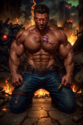 young Max Payne, muscular, massive pecs, massive arms, shirtless, worn out tactical pants with belt, kneeling on the sidewalk, grimace of pain, massive body hair, beard, short hair, destroyed city, smoke, flames, post-apocalypse, ((face details, eye details)), ((glowing eyes)), horror, looks at the viewer