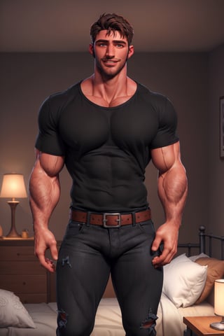 photo of muscular chris redfield in a worn ((soft black t-shirt, massive hairy pecs)), big pecs, big arms, large bulge, ((light bokeh)), intricate, (steel metal [rust]), elegant, erotic, exuding sexual energy, homoerotic, sharp focus, photo by greg rutkowski, soft lighting, vibrant colors, (masterpiece), ((modern bedroom)), (detailed face), looking at viewer, (handsome face: 1.5), brushed up hairs, light smile, wide open eyes, beard, jeans pants with leather belt,black-color