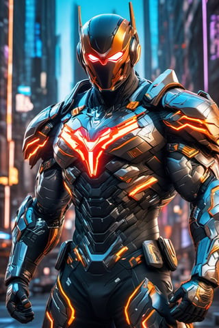 full body, facing camera, hero pose, looking at viewer, [Flash] 3D rendering, muscles, highly detailed eyes, perfect body, detailed with armor and neon cybernetics Light and black, city background, intricately detailed , hdr, 8k, subsurface dispersion, specular lighting, high resolution, octane rendering, neon ray tracing,