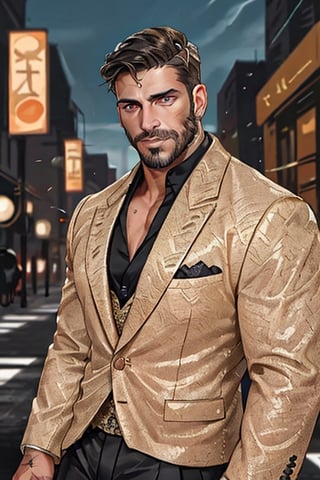 Latino male, king of skarland, contemporary, ((detalied face)), ((detalied eyes)), painting, Intricate, Sharp focus, dramatic, portrait, elegant suite pants, elegant suite jacket, muscular, short beard, city street background, professional,1boy,handsome male,Miguel