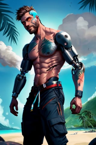 cyborg, handsome, cybernetic implants, detailed glowing eyes, muscles, scars on the body from assimilation by machines, nanotubes transmitting assimilation nanites inserted into their necks by a drone, heavily damaged tight tactical pants with tactical belt, topless, short beard, hairy, cybernetic arm, venis, light smoke, ((tropical island)), day, post-apocalyptic beach background, ((detailed face)), HDR, 8k, horror, photy by greg rutkowski,hairyalpha