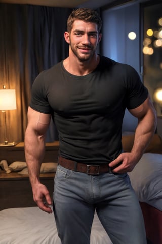 photo of muscular chris redfield in a worn ((soft black t-shirt, massive hairy pecs)), big pecs, big arms, large bulge, ((light bokeh)), intricate, (steel metal [rust]), elegant, erotic, exuding sexual energy, homoerotic, sharp focus, photo by greg rutkowski, soft lighting, vibrant colors, (masterpiece), ((modern bedroom)), (detailed face), looking at viewer, (handsome face: 1.5), brushed up hairs, light smile, wide open eyes, big beard, venis, jeans pants with leather belt,black-color,