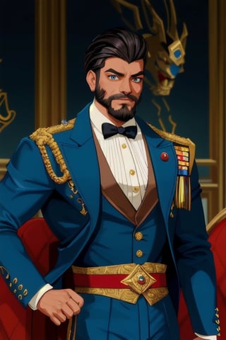 handsome Latino male, emperor of skarland, ((detalied face)), ((detalied eyes)), painting, Intricate, Sharp focus, dramatic, portrait, elegant suite pants, elegant jacket, muscular, short beard, elegant pose, royal palace hall background, professional,1boy