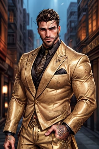 Latino male, king of skarland, contemporary, ((detalied face)), ((detalied eyes)), painting, Intricate, Sharp focus, dramatic, portrait, elegant suite pants, elegant suite jacket, muscular, short beard, city street background, professional,1boy,handsome male,Miguel
