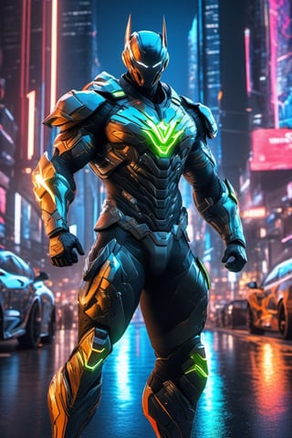 full body, facing camera, hero pose, looking at viewer, [Flash] 3D rendering, muscles, highly detailed eyes, perfect body, detailed with armor and neon cybernetics Light and black, night city background, intricately detailed , hdr, 8k, subsurface dispersion, specular lighting, high resolution, octane rendering, neon ray tracing,
