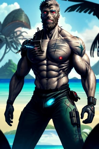 cyborg, handsome, cybernetic implants, detailed glowing eyes, muscles, scars on the body from assimilation by machines, nanotubes transmitting assimilation nanites inserted into their necks by a drone, heavily damaged tight tactical pants with tactical belt, topless, short beard, hairy, cybernetic arm, venis, light smoke, ((tropical island)), day, post-apocalyptic beach background, ((detailed face)), HDR, 8k, horror, photy by greg rutkowski,hairyalpha