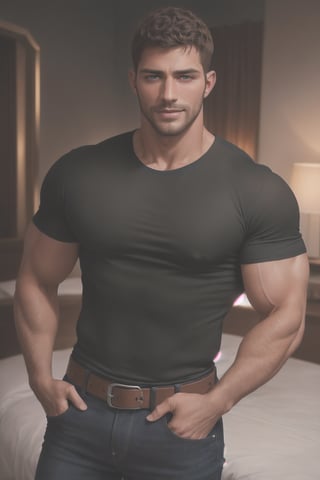 photo of muscular chris redfield in a worn ((soft black t-shirt, massive hairy pecs)), big pecs, big arms, large bulge, ((light bokeh)), intricate, (steel metal [rust]), elegant, erotic, exuding sexual energy, homoerotic, sharp focus, photo by greg rutkowski, soft lighting, vibrant colors, (masterpiece), ((modern bedroom)), (detailed face), looking at viewer, (handsome face: 1.5), brushed up hairs, light smile, wide open eyes, beard, jeans pants with leather belt,black-color