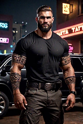 (masterpiece), handsome, arogant, smirk, young, bodyguard, bara, muscular, massive pecs, massive arms, long beard, ((full body black tribal tattoo)), short hair, black cargo pants with black belt, ((black slim bodyguard casual shirt)), ((detalied face)), ((detailed eyes)), night, black suv car in the background, night club entrance background, looking at viewer, Cinematic Lighting,Movie Still,colorful