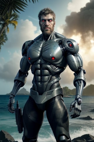 cyborg, handsome, cybernetic implants, detailed glowing eyes, muscles, scars on the body from assimilation by machines, nanotubes transmitting assimilation nanites inserted into their necks by a drone, heavily damaged tight tactical pants with tactical belt, topless, short beard, hairy, cybernetic arm, venis, light smoke, ((tropical island)), day, post-apocalyptic beach background, ((detailed face)), HDR, 8k, horror, photy by greg rutkowski,hairyalpha