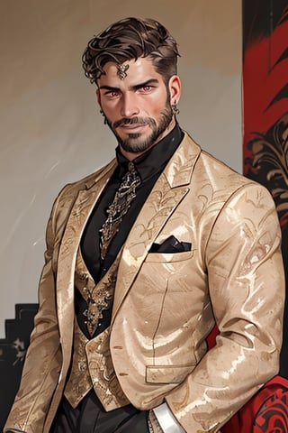 handsome Latino male, king of skarland, contemporary, ((detalied face)), ((detalied eyes)), painting, Intricate, Sharp focus, dramatic, portrait, elegant suite pants, elegant suite jacket, muscular, short beard, professional,1boy,handsome male,Miguel