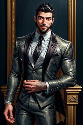 handsome male Latino, king of skarland, contemporary, ((detalied face)), ((detalied eyes)), painting, Intricate, Sharp focus, dramatic, portrait, elegant suite pants, elegant suite jacket, muscular, short beard, professional,1boy,handsome male,Miguel