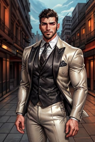 Latino male, king of skarland, contemporary, ((detalied face)), ((detalied eyes)), painting, Intricate, Sharp focus, dramatic, portrait, elegant suite pants, elegant suite jacket, muscular, short beard, city street background, professional,1boy,handsome male,Miguel