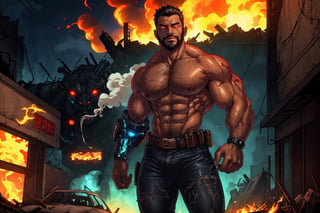 max payne as a cyborg, cybernetic implants, muscular, massive pecs hair, massive pecs, massive arms, ((detailed glowing eyes)), destroyed tactical pants with black leather tactical belt, destroyed shirtless, short beard, destroyed city, night, smoke, flames, valencia post-apocalyptic background, detalied face, horror, looks at the viewer